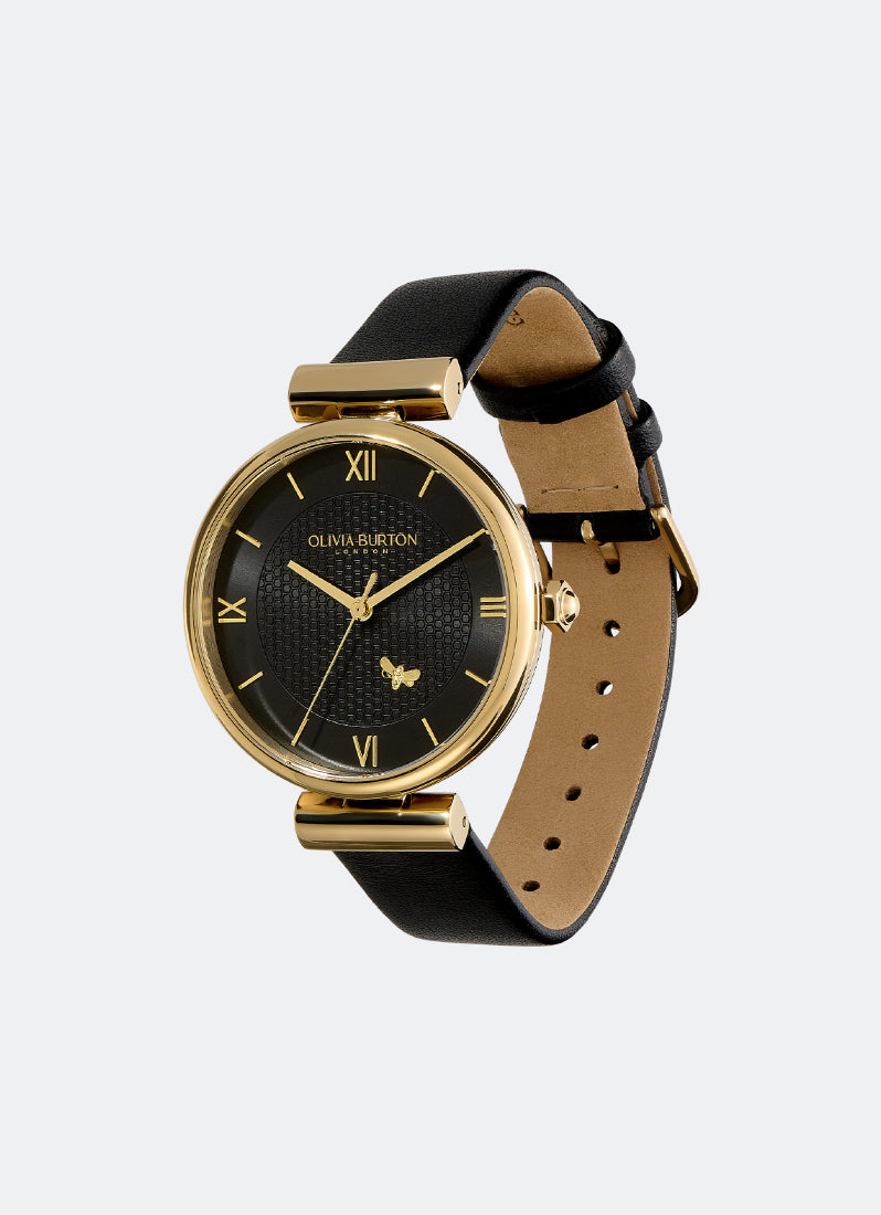 Minima Bee T-Bar Gold & Black Leather Strap Watch 36mm - 24000099