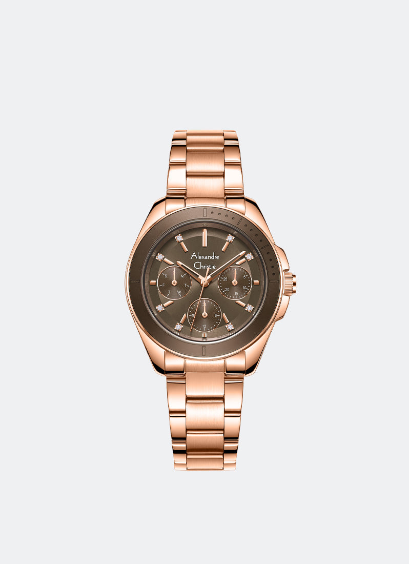 Alexandre Christie Passion Boyfriend Multifunction Band Rose Gold Brown Dial 34mm - AC2A68BFBRGBO