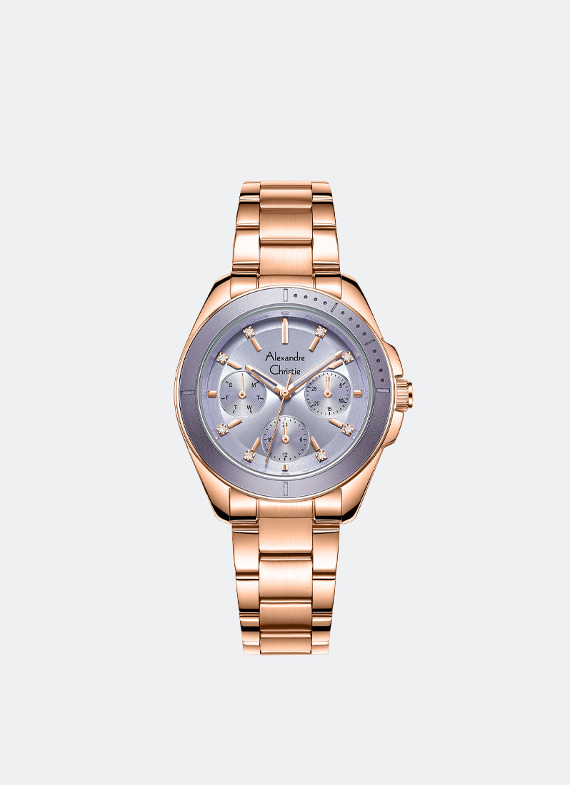 Alexandre Christie Passion Boyfriend Multifunction Band Rose Gold Purple Dial 34mm - AC2A68BFBRGPU