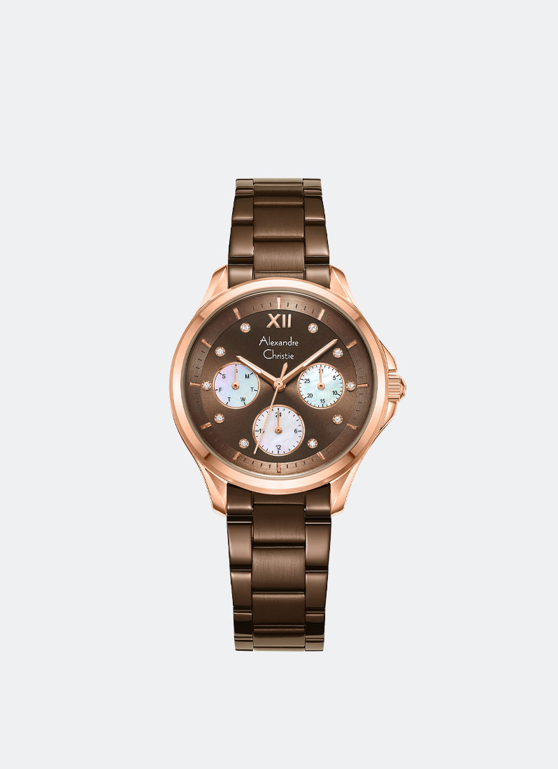 Alexandre Christie Passion Boyfriend Multifunction Band Rose Gold Brown Sunray Dial 34mm - AC2A73BFBROBO