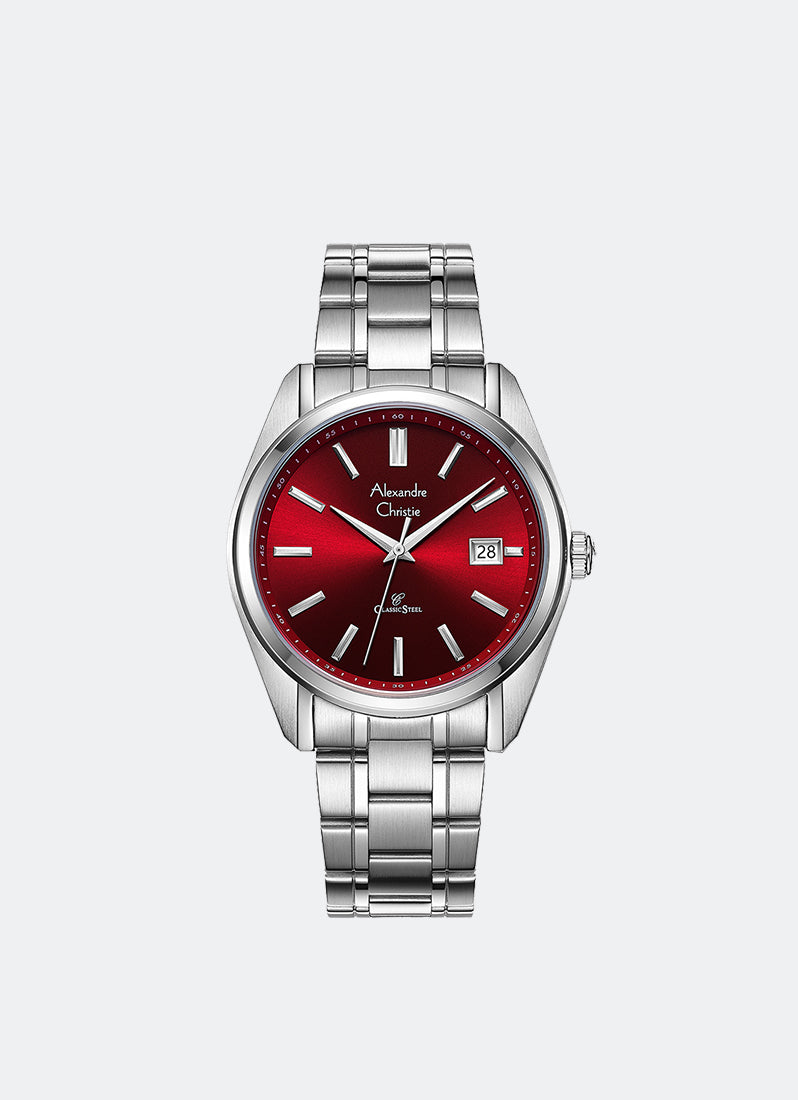 Macaron Men Band Date Silver Red sunray 40mm - AC8660MDBSSDR