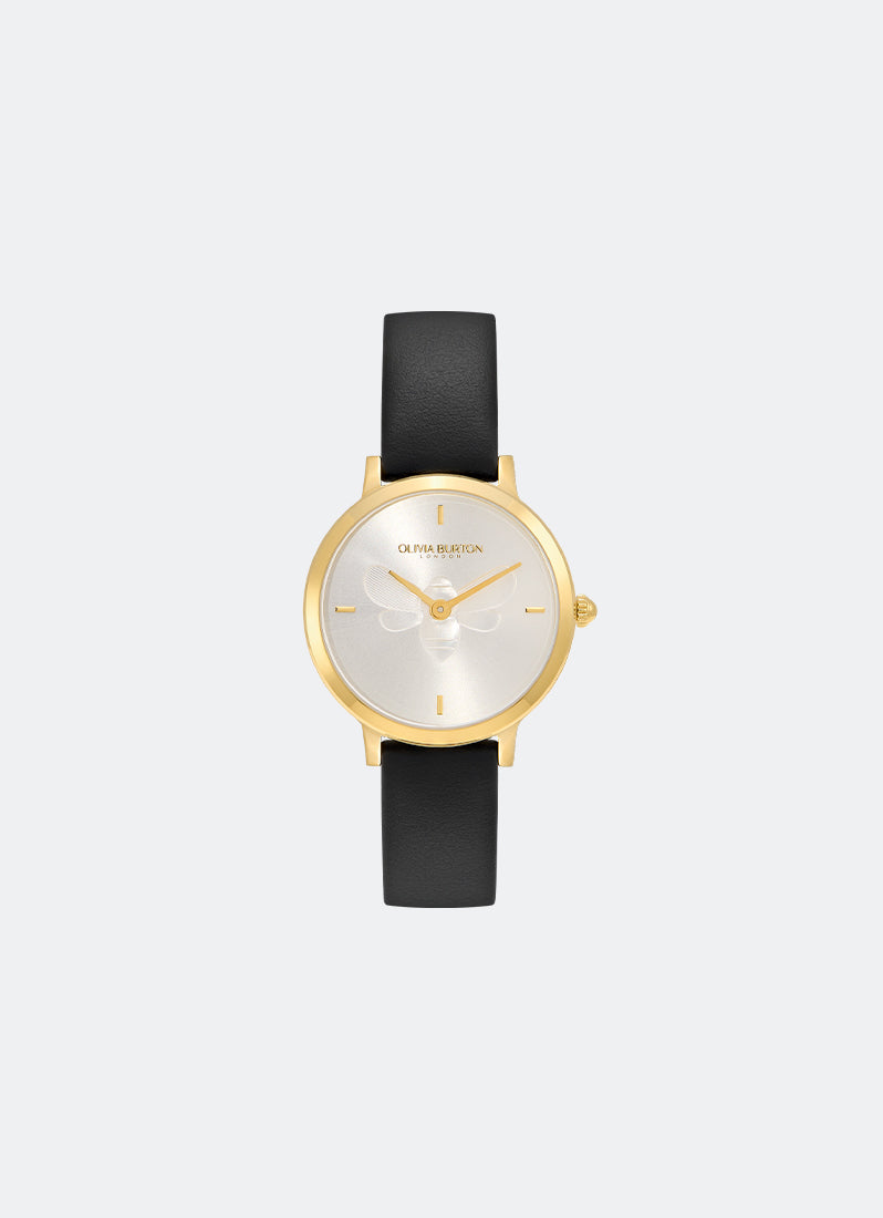 Bee Ultra Slim Gold & Black Leather Strap Watch 28mm - 24000019