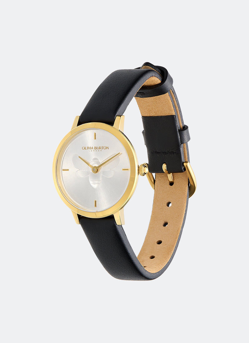 Bee Ultra Slim Gold & Black Leather Strap Watch 28mm - 24000019