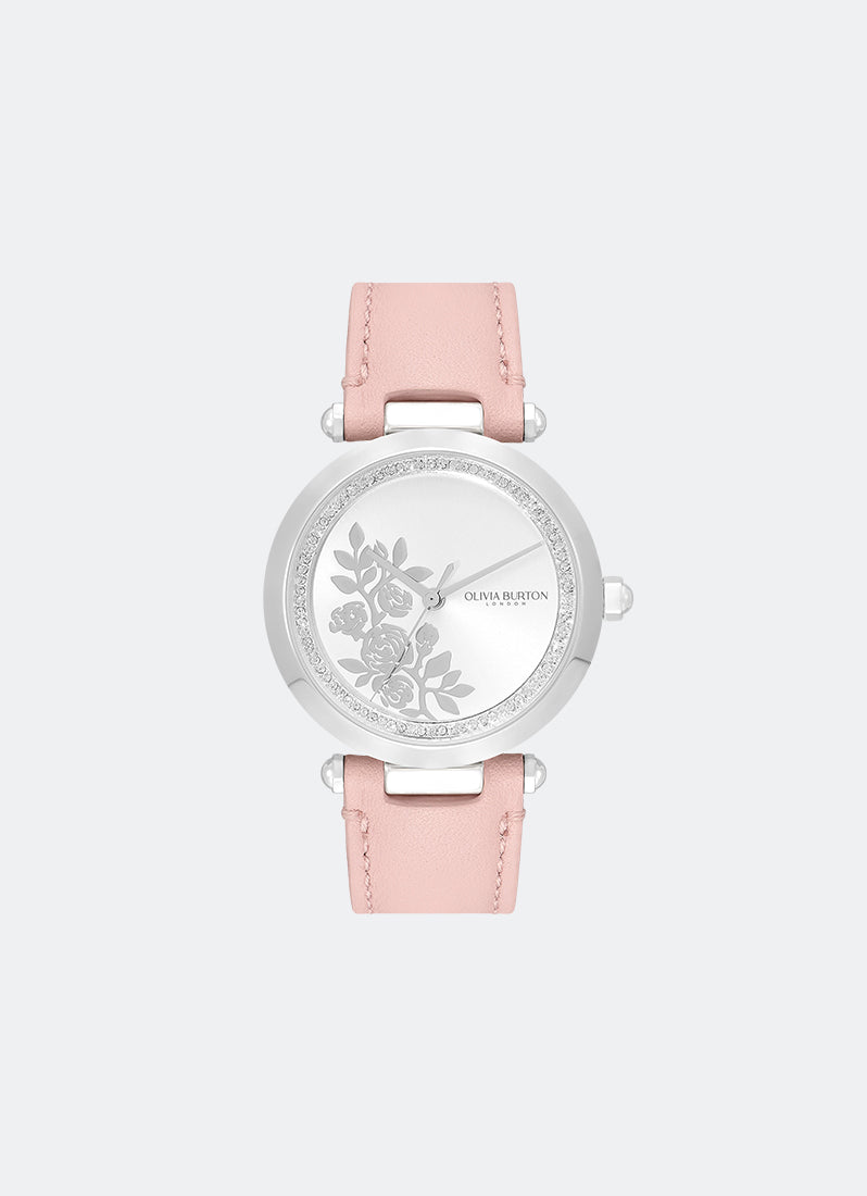 Floral T-Bar Rose & Silver Leather Strap Watch 34mm - 24000046
