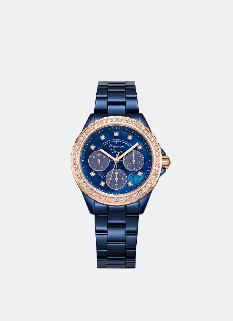 Alexandre Christie Passion Boyfriend Multifunction Band Blue Rose Gold Mother of Pearl Blue Dial 34mm - AC2A30BFBURMU