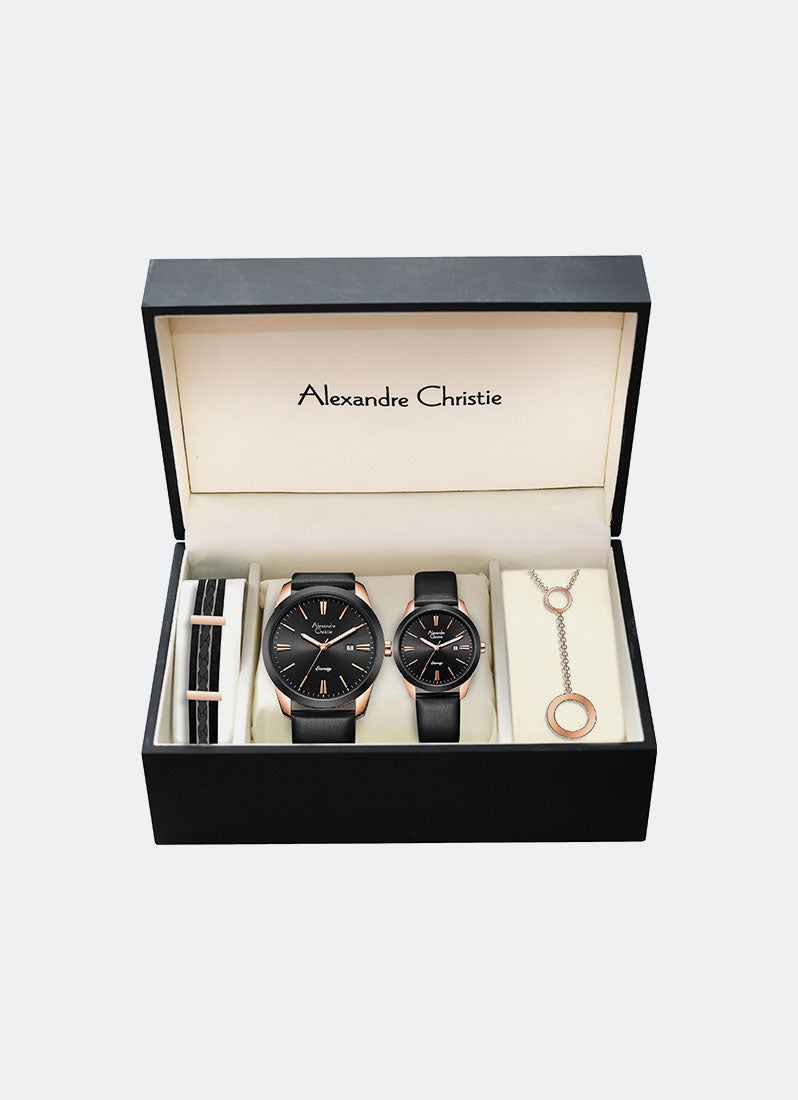 Alexandre Christie Pair Couple Date Leather Black Rose Gold Black Dial 42mm/36mm - AC8668MLDLBRBA