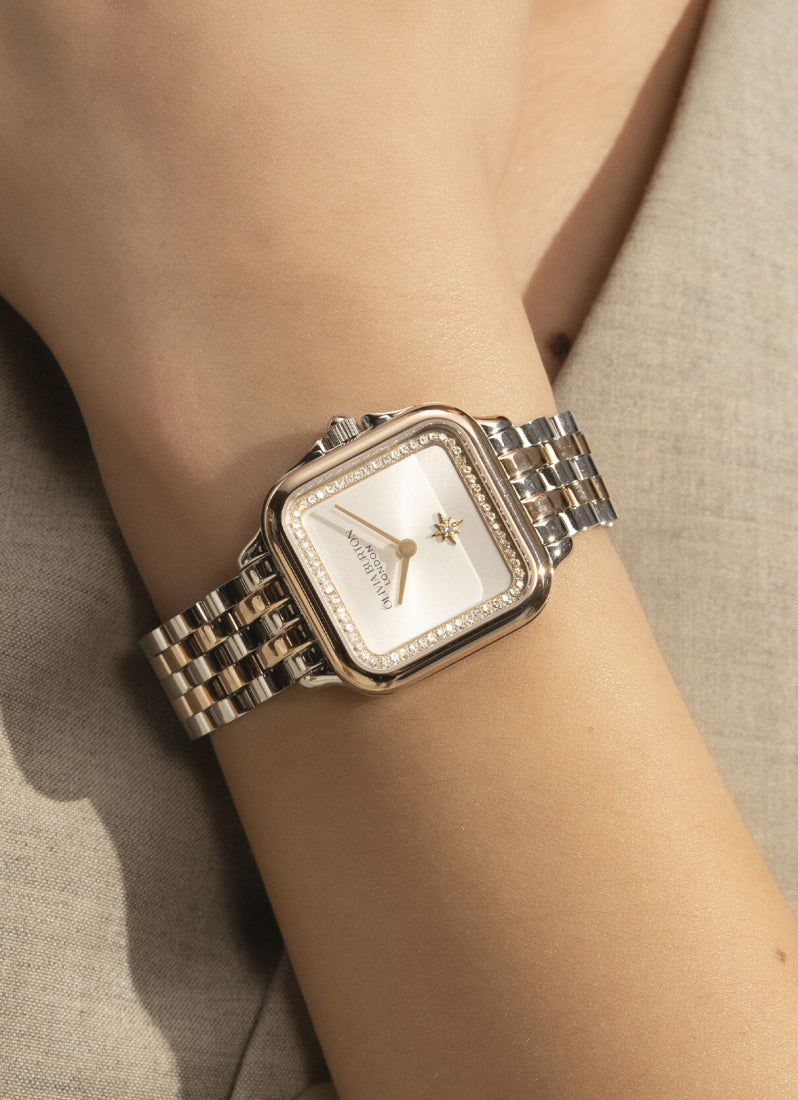 Jam Tangan Olivia Burton Grosvenor Silver White & Two Tone Bracelet Watch 28mm - 24000125