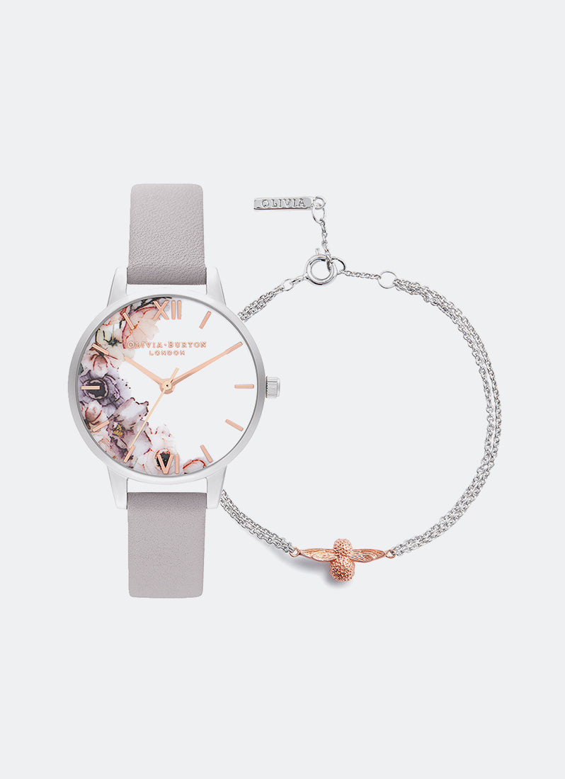 Olivia Burton Water Color Florals Grey Lilac Leather 30mm & Bracelet Gift Set