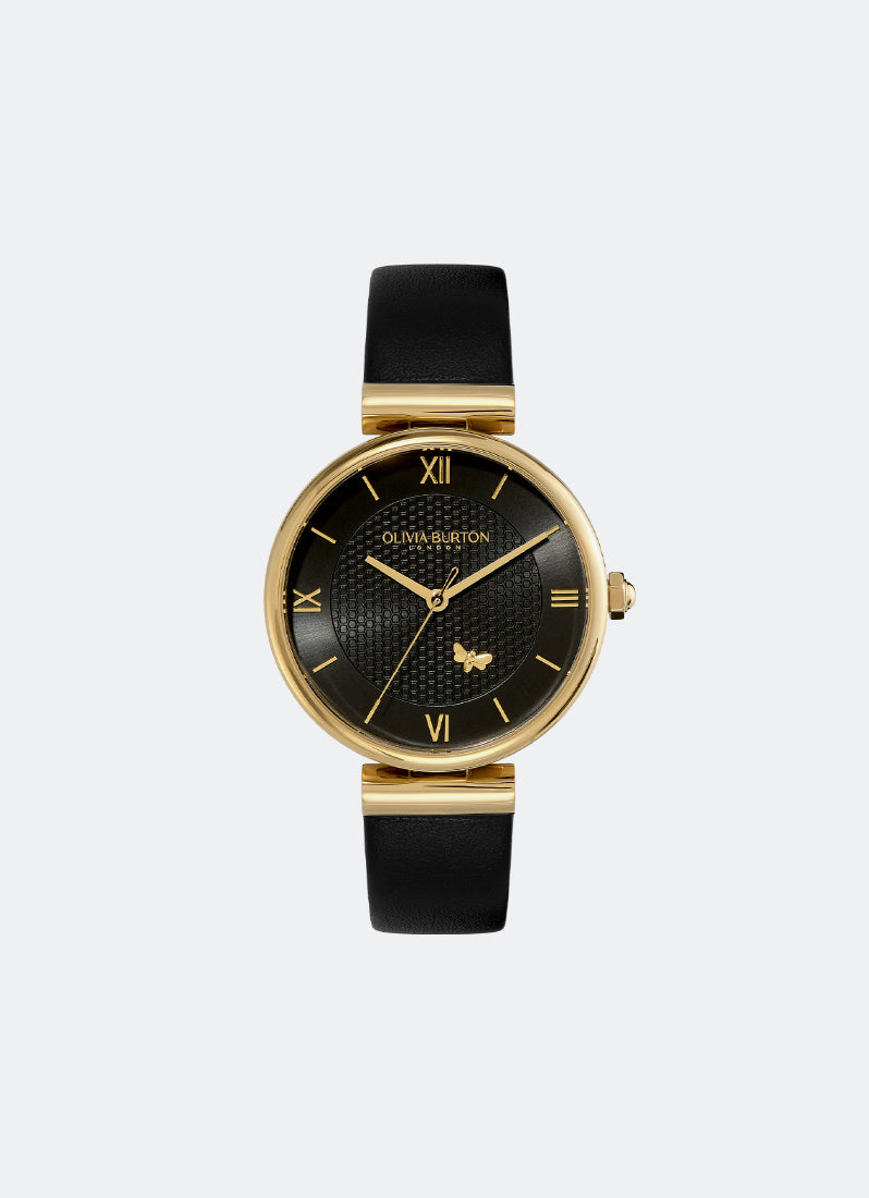 Minima Bee T-Bar Gold & Black Leather Strap Watch 36mm - 24000099