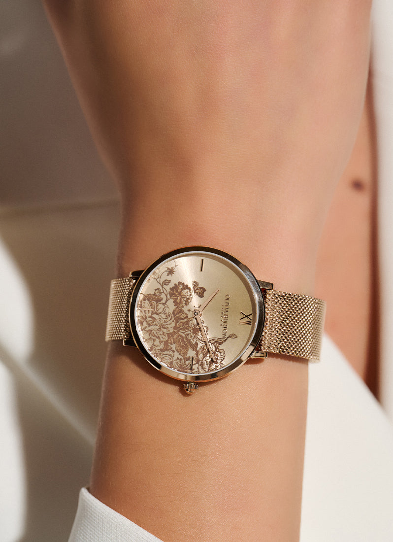 Floral Blooms Ultra Slim Blush & Carnation Gold Mesh Watch 35mm - 24000116