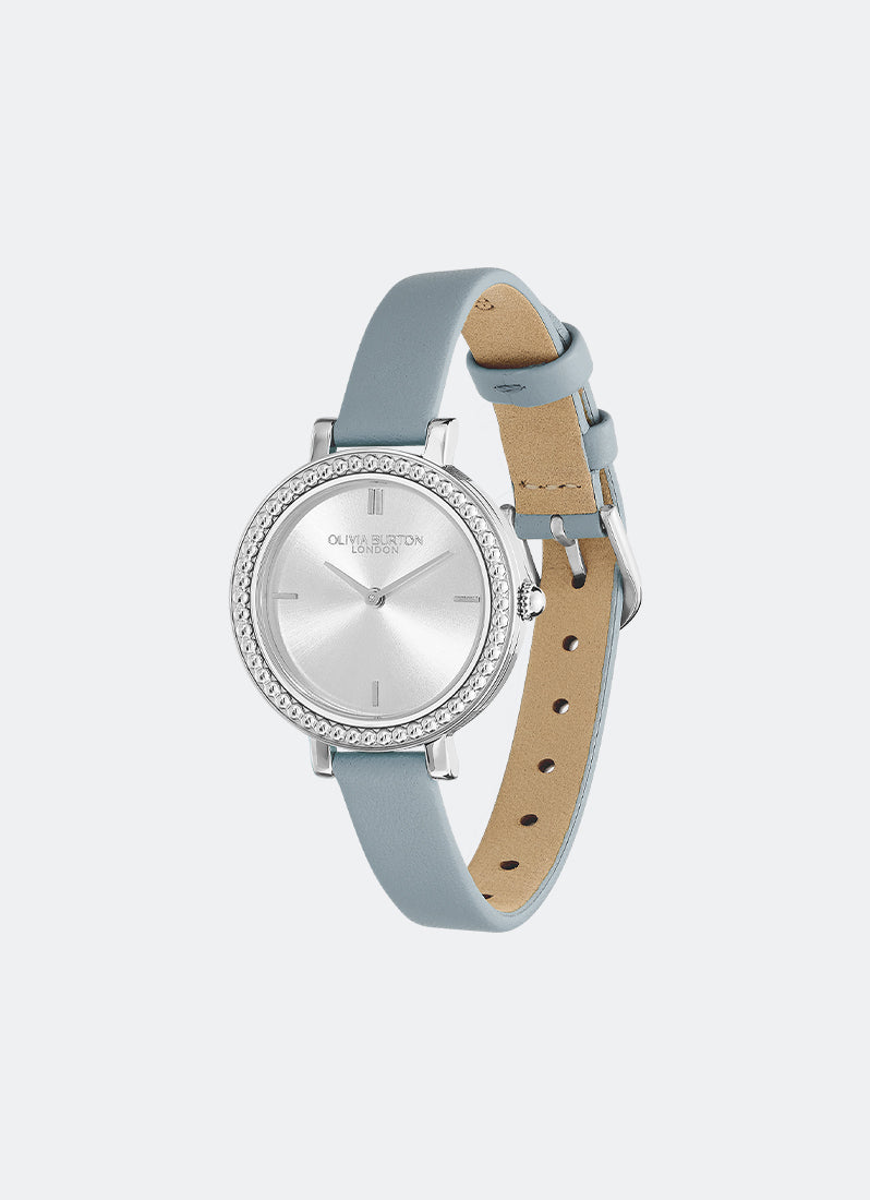 Vintage Bead Silver White & Chalk Blue Leather Strap Watch 30mm - 24000163