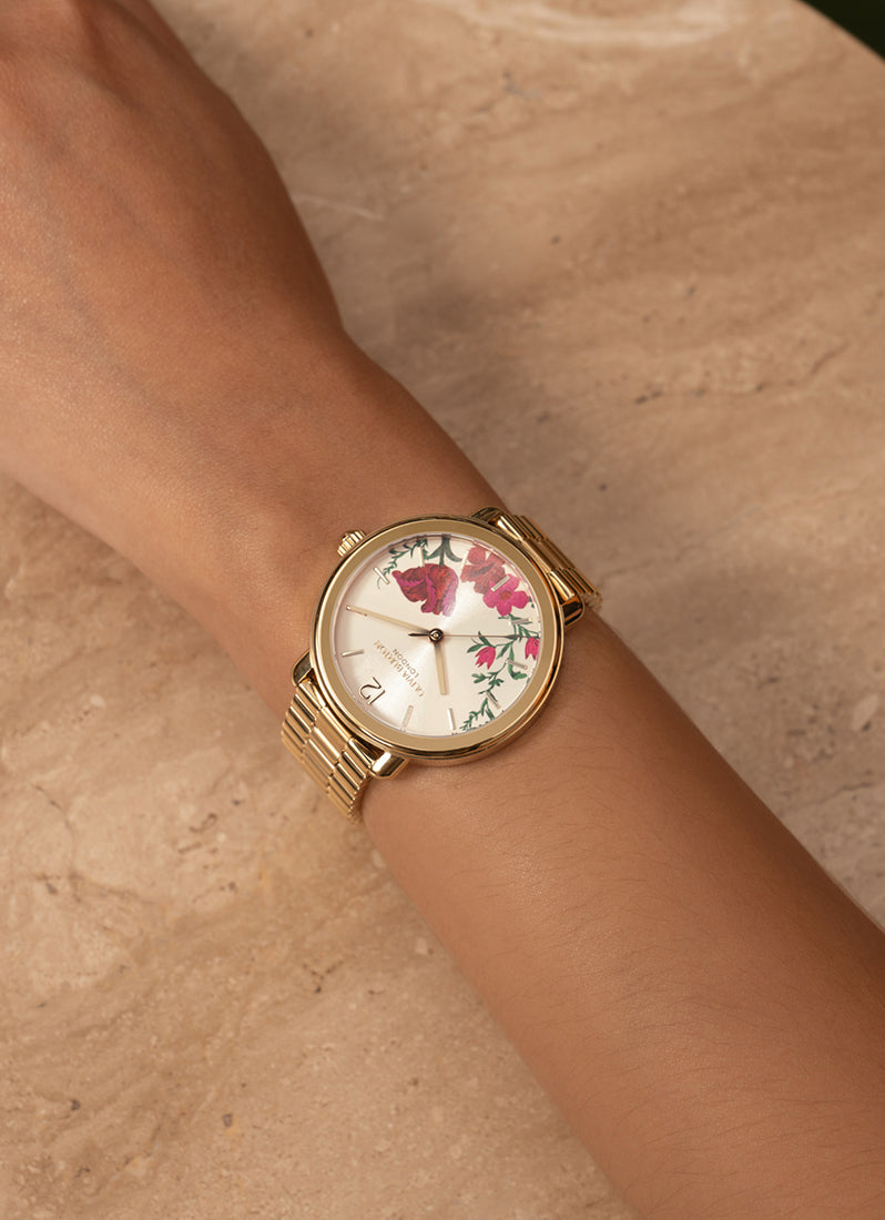 Vintage-Inspired Floral Print Ivory Sunray Dial GP 3 Link Bracelet 36mm - 24000206