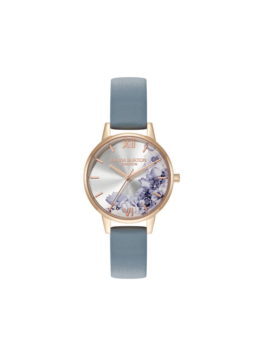 Illustrated Floral Dial Chalk Blue Leather Strap 30mm - 24000227