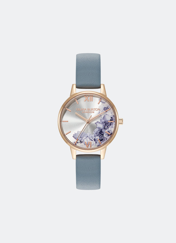 Illustrated Floral Dial Chalk Blue Leather Strap 30mm - 24000227
