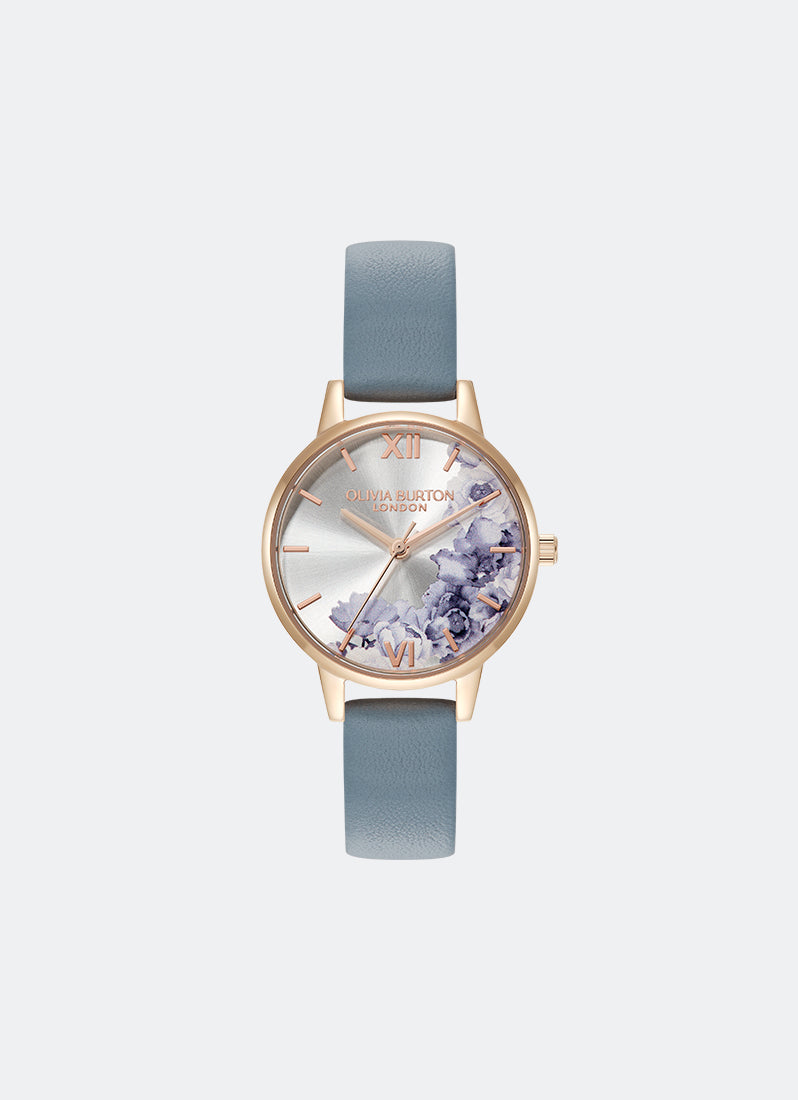 Olivia Burton Illustrated Floral Dial Chalk Blue Leather Strap
