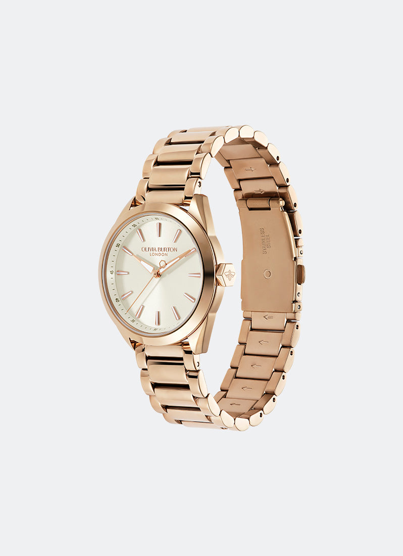 Olivia Burton Sports Luxe Ivory Sunray Dial Hex Second Hand Detail 3 Link Bracelet RG 34mm Side