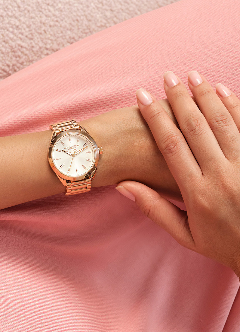 Olivia Burton Sports Luxe Ivory Sunray Dial Hex Second Hand Detail 3 Link Bracelet RG 34mm on Model