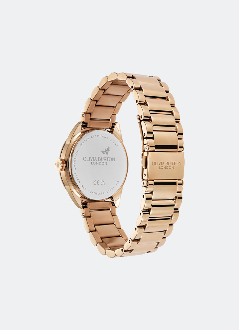 Olivia Burton Sports Luxe Ivory Sunray Dial Hex Second Hand Detail 3 Link Bracelet RG 34mm Back