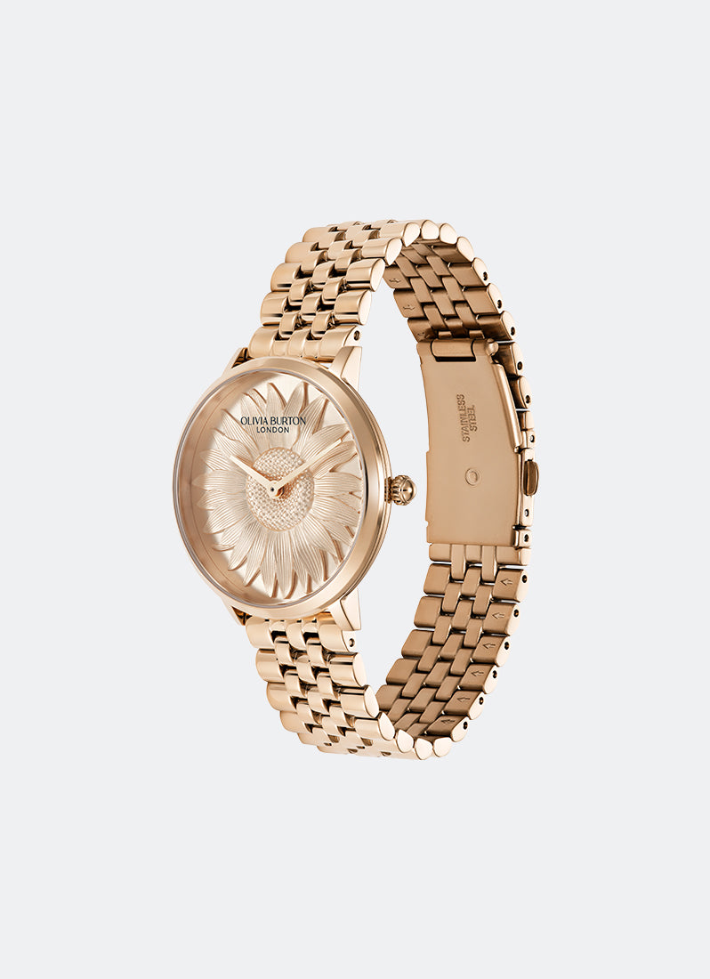 Jam Tangan Olivia Burton 3D-Sunflower Tonal Sunray Dial Rose Gold Bracelet 35mm Angle