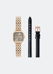 [BUNDLE WATCH + STRAP] Soft Square Earl Grey Dial with North Star Details 5 Link Bracelet 20mm + Matte Black Leather with Rose Gold Buckle - 10mm