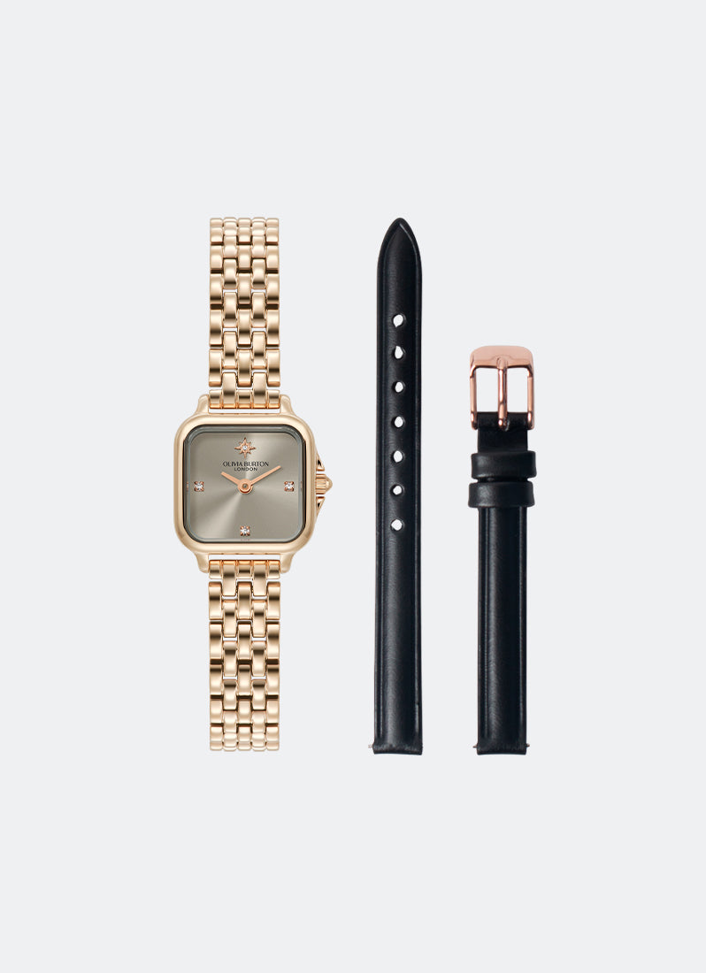 [BUNDLE WATCH + STRAP] Soft Square Earl Grey Dial with North Star Details 5 Link Bracelet 20mm + Matte Black Leather with Rose Gold Buckle - 10mm