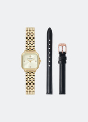 [BUNDLE WATCH + STRAP] Soft Square Ivory Dial with North Star Details 5 Link Bracelet 20mm + Matte Black Leather with Rose Gold Buckle - 10mm