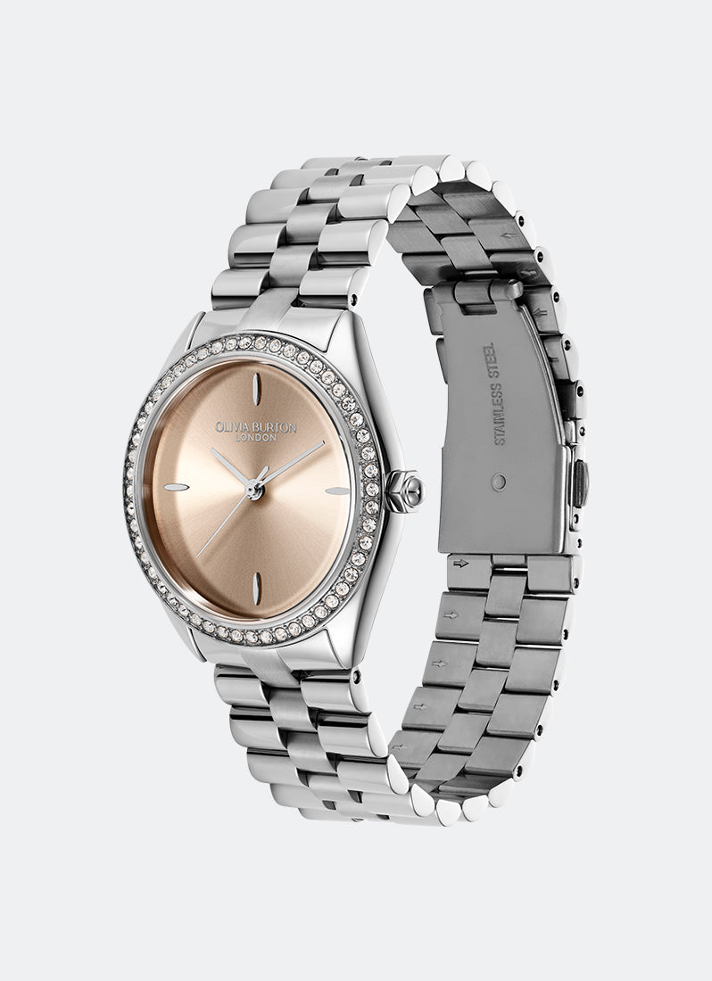 Olivia Burton Bejewelled Trench Coat & Silver Bracelet 34mm Angle