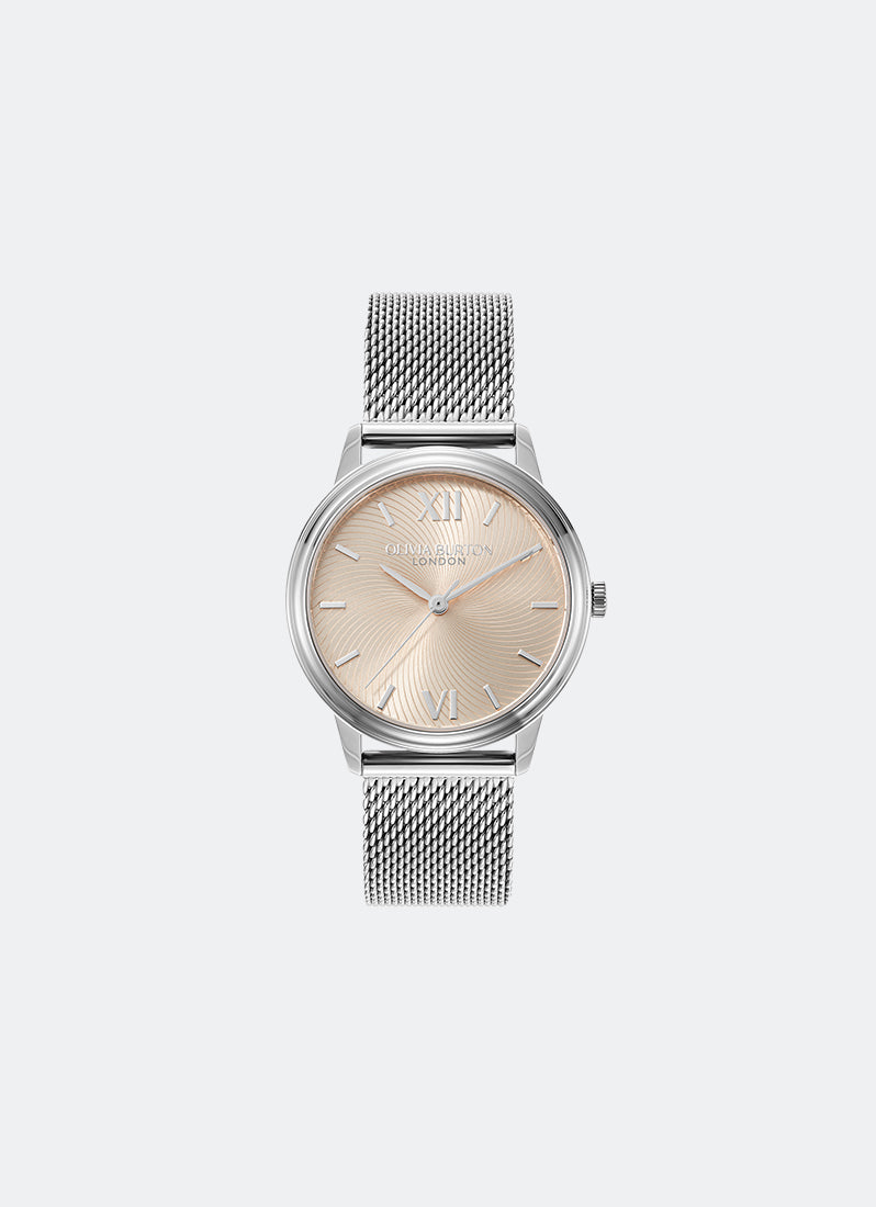 Olivia Burton Classic Swirl Trench Coat & Silver Mesh 32mm Front