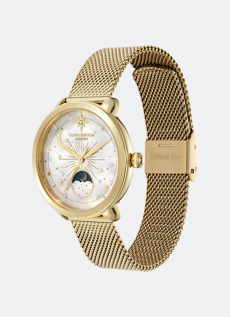 Olivia Burton Moonphase Gold Mesh 34mm Angle