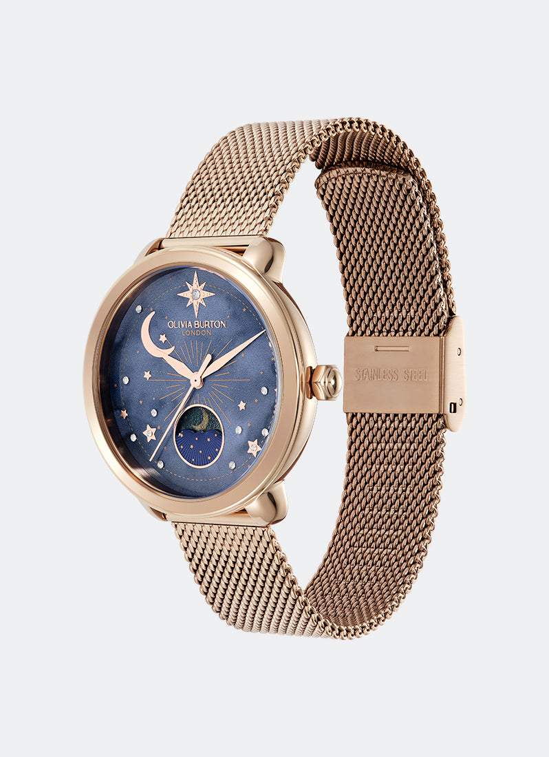 Olivia Burton Moonphase Rose Gold Mesh 34mm Angle
