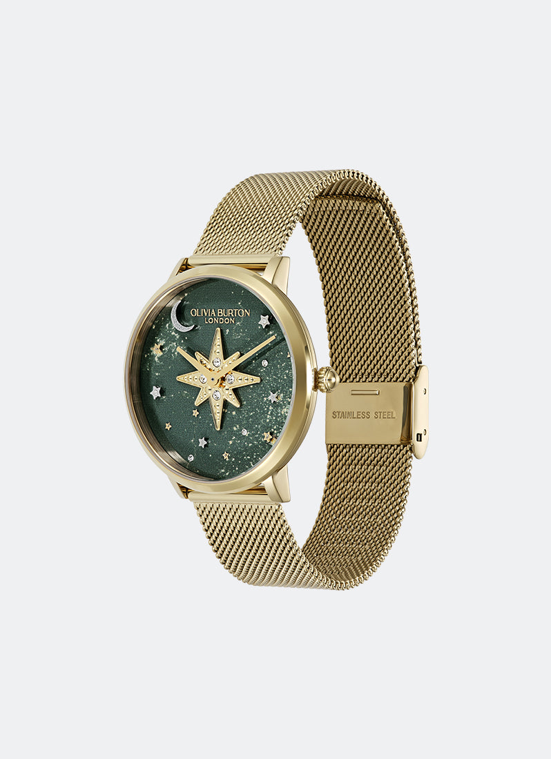 Olivia Burton Signature Celestial Nova Forest Green Nebulae & GP Dial, GP Case, GP Mesh - 35mm Front