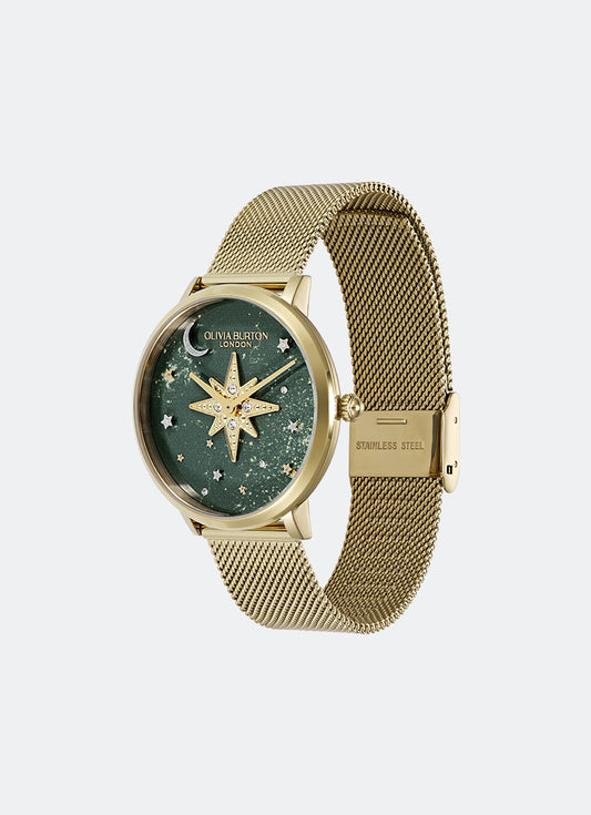 Olivia Burton Signature Celestial Nova Forest Green Nebulae & GP Dial, GP Case, GP Mesh - 35mm Front
