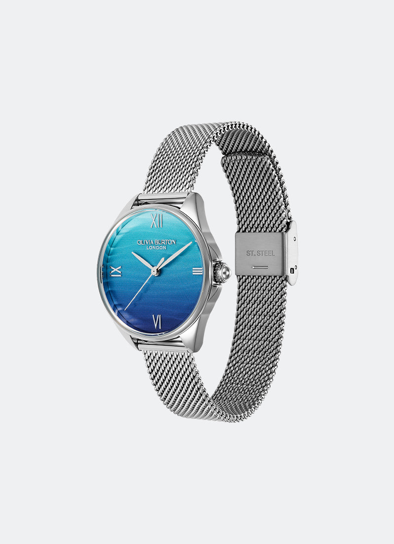 Jam Tangan Olivia Burton Signature Azure Green/Blue Tone Water Inspired Dial, SS Case, SS Mesh - 30mm