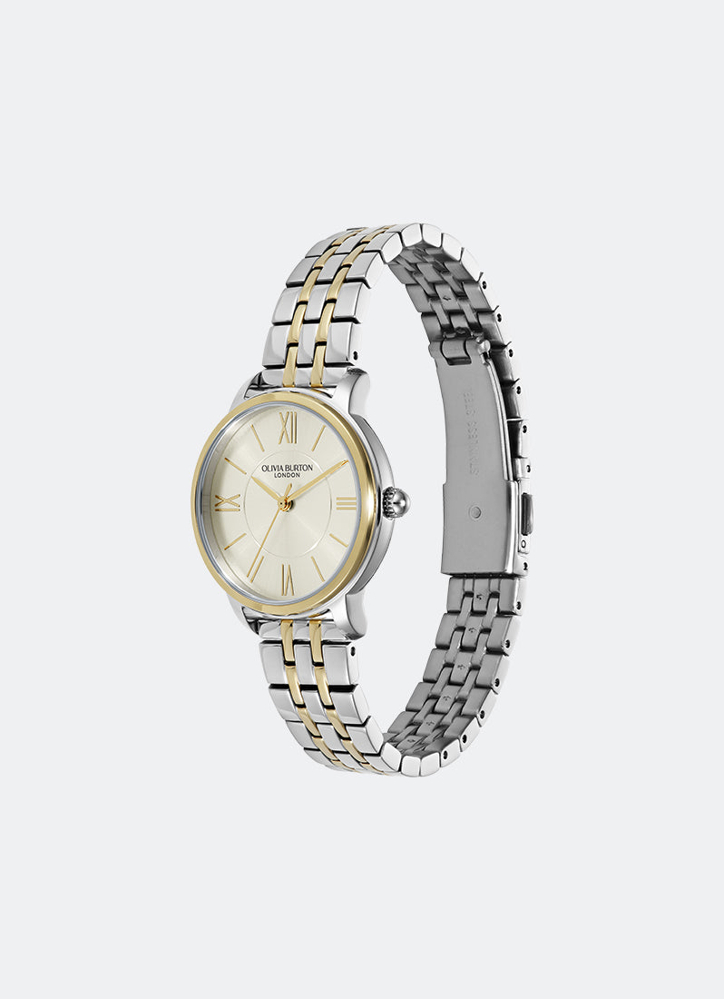 Modern Classics Westbourne White Sunray Textured Dial, SS/GP Case, Two Tone SS/GP Bracelet Angle