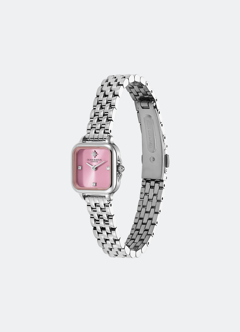 Modern Classic Mini Grosvenor Pink Frost Rosebud Sunray Dial, SS Case, SS Bracelet - 20mm Front