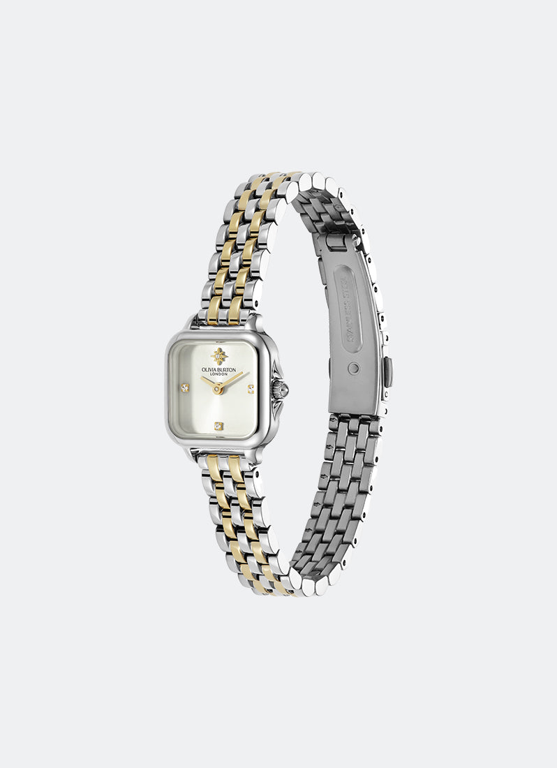 Jam Tangan Wanita Olivia Burton Modern Classic Mini Grosvenor Ivory Sunray Dial, SS/GP Case, Two Tone SS/GP Bracelet - 20mm Angle