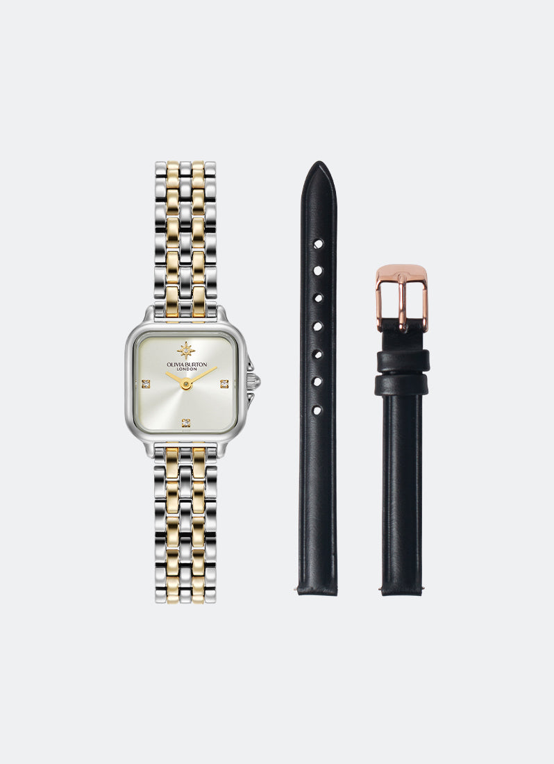 [BUNDLE WATCH + STRAP] Modern Classic Mini Grosvenor Ivory Sunray Dial, SS/GP Case, Two Tone SS/GP Bracelet - 20mm + Matte Black Leather with Rose Gold Buckle - 10mm