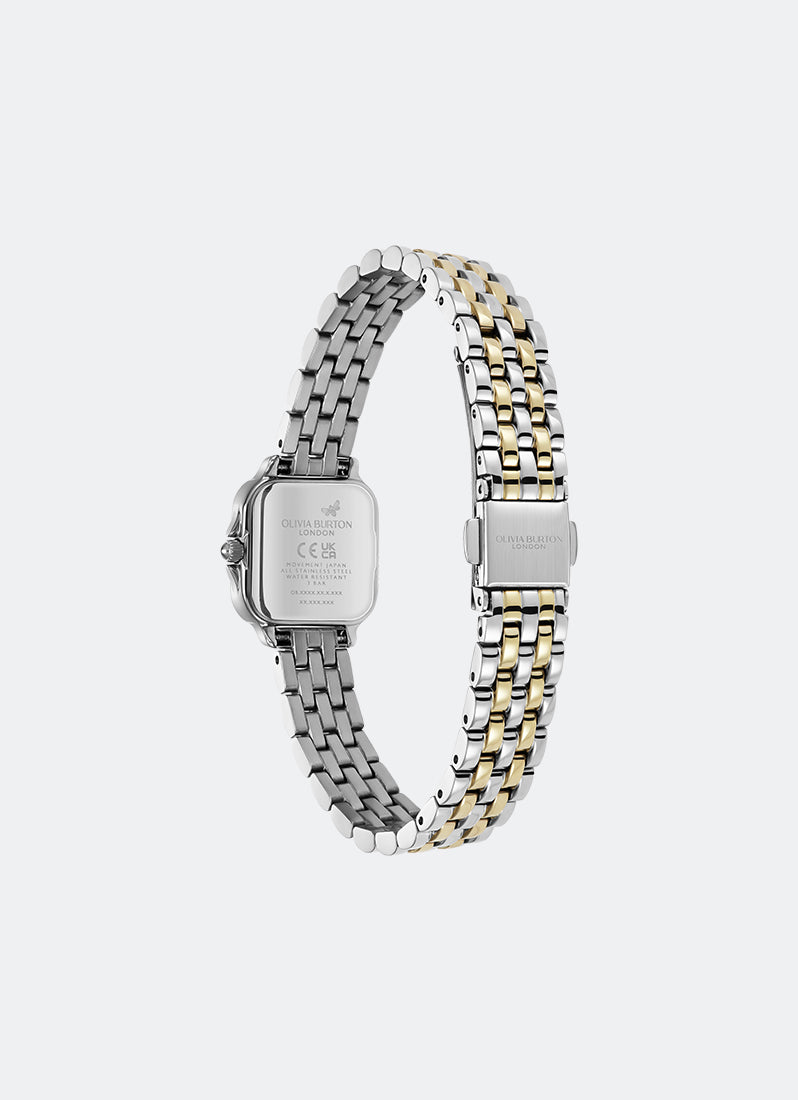 Jam Tangan Wanita Olivia Burton Modern Classic Mini Grosvenor Ivory Sunray Dial, SS/GP Case, Two Tone SS/GP Bracelet - 20mm Back