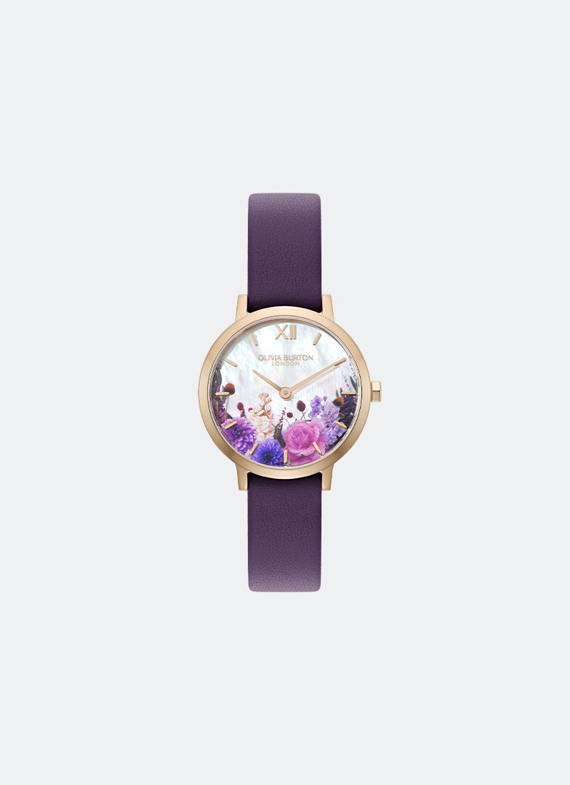 Signature Autumn Floral White MOP Dial With Purple Florals RG Purple Leather - 28mm 24000405