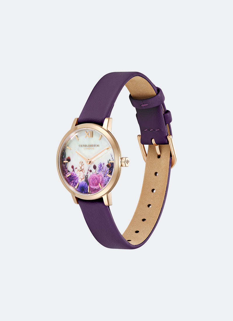 Signature Autumn Floral White MOP Dial With Purple Florals RG Purple Leather - 28mm 24000405