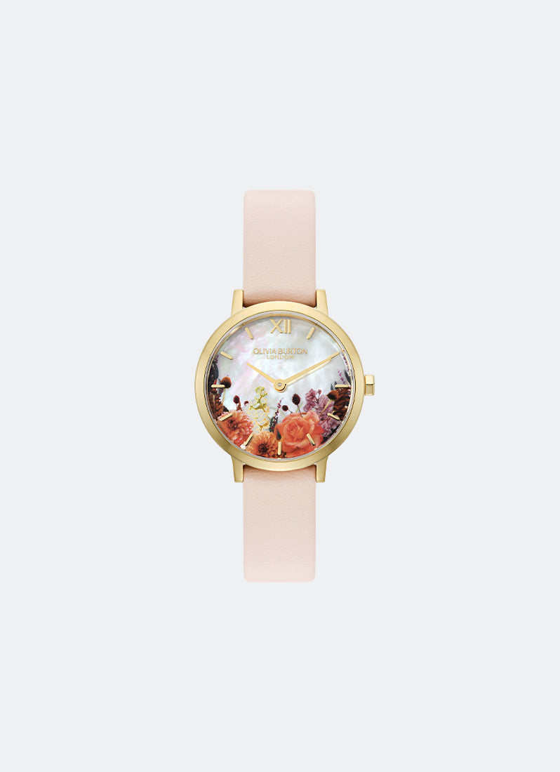 Signature Autumn Floral White MOP Dial With Orange Florals GP Trench Coat Leather - 28mm 24000406