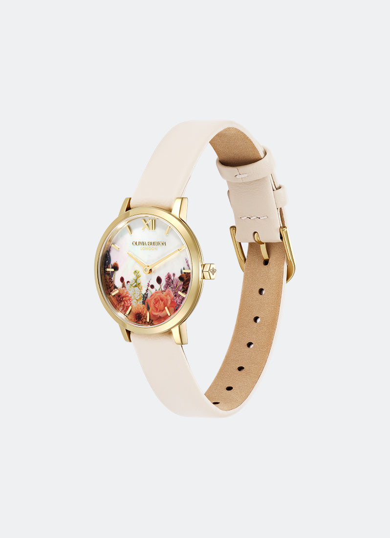 Signature Autumn Floral White MOP Dial With Orange Florals GP Trench Coat Leather - 28mm 24000406