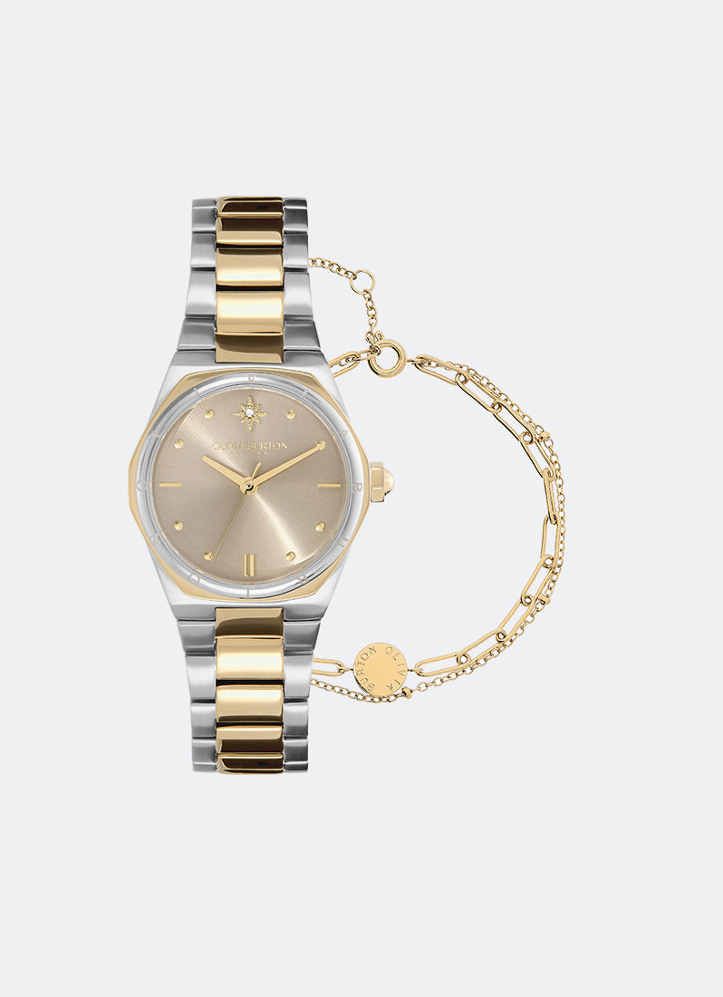 Olivia Burton Mini Hexa Neo Gold & Two Tone Bracelet Watch Illusion Gold Stacking Bracelet 28mm