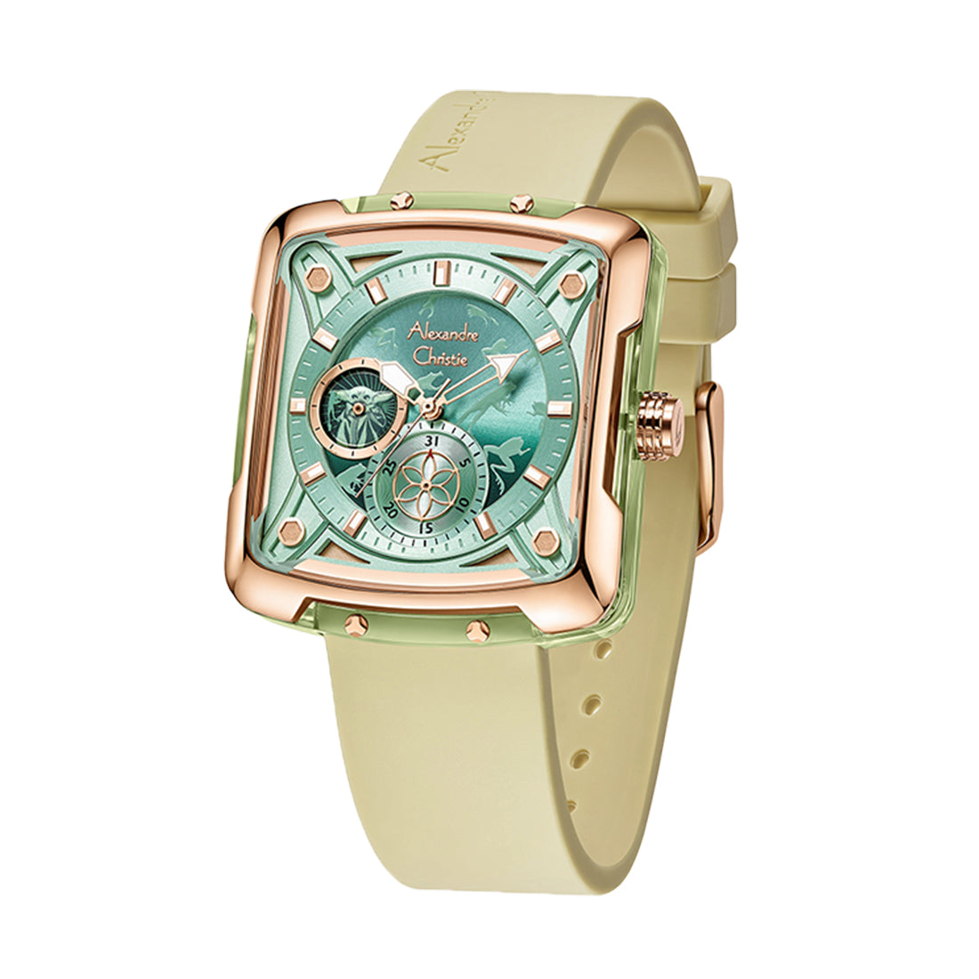 Star Wars Grogu Limited Edition Boyfriend Mint Green Rose Gold Stainless Steel Light Green Premium Rubber - 36mm x 40.5mm AC3030BFRGU1
