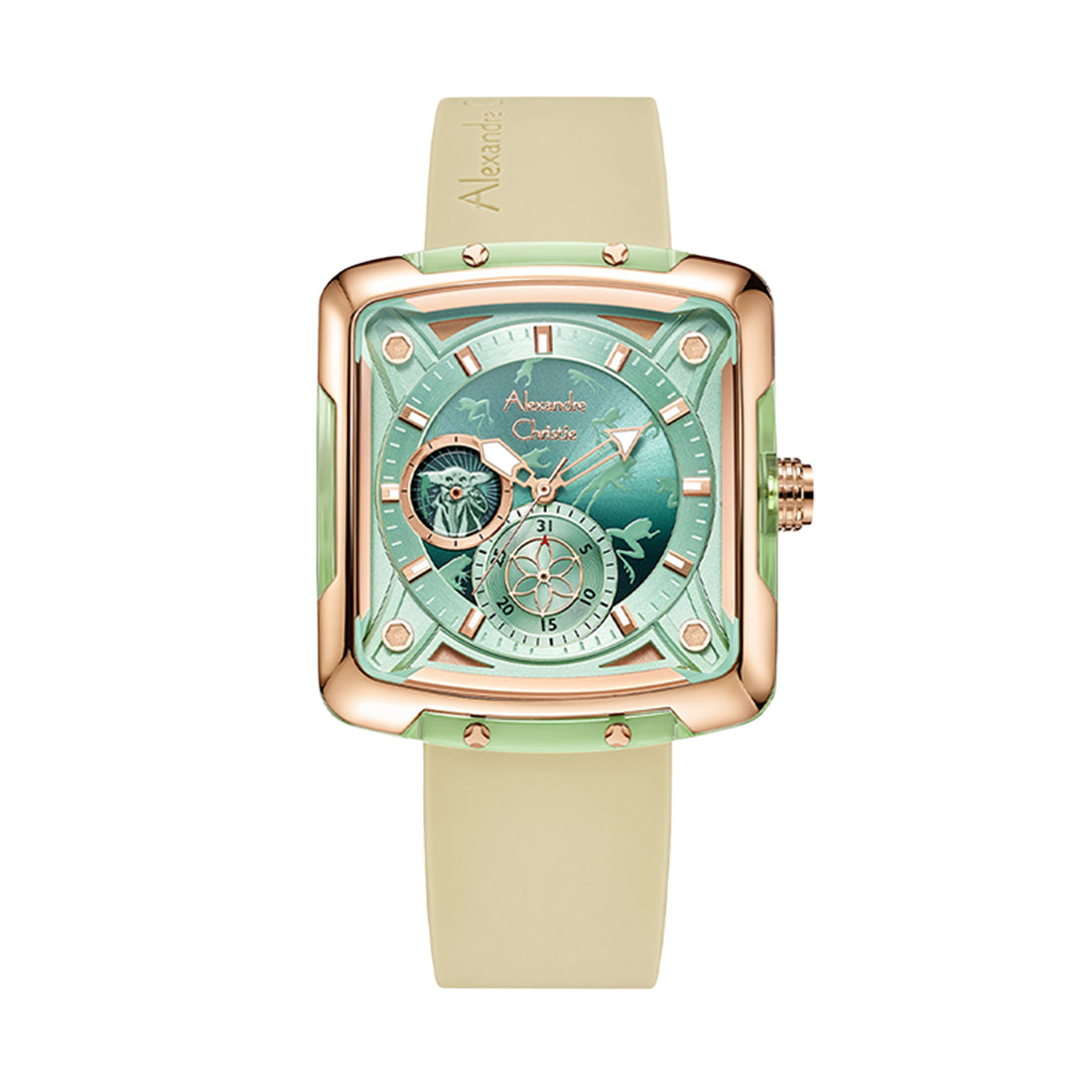 Star Wars Grogu Limited Edition Boyfriend Mint Green Rose Gold Stainless Steel Light Green Premium Rubber - 36mm x 40.5mm AC3030BFRGU1