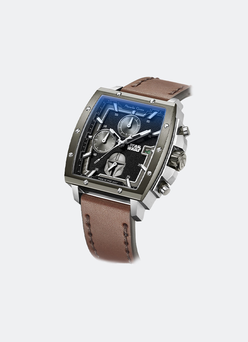 Star Wars The Mandalorian Limited Edition Men Black textured Dial with Grey indexes Metalic Accents Grey Stainless Steel Brown Genuine Leather - 44mm x 54mm AC6376MCLMD1