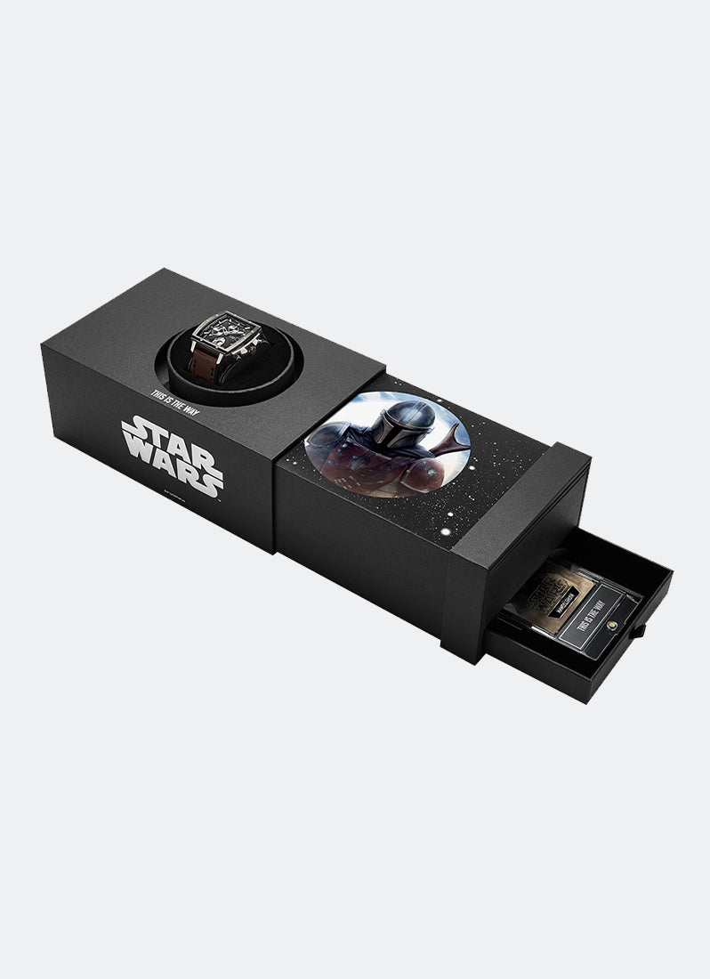 Star Wars The Mandalorian Limited Edition Men Black textured Dial with Grey indexes Metalic Accents Grey Stainless Steel Brown Genuine Leather - 44mm x 54mm AC6376MCLMD1