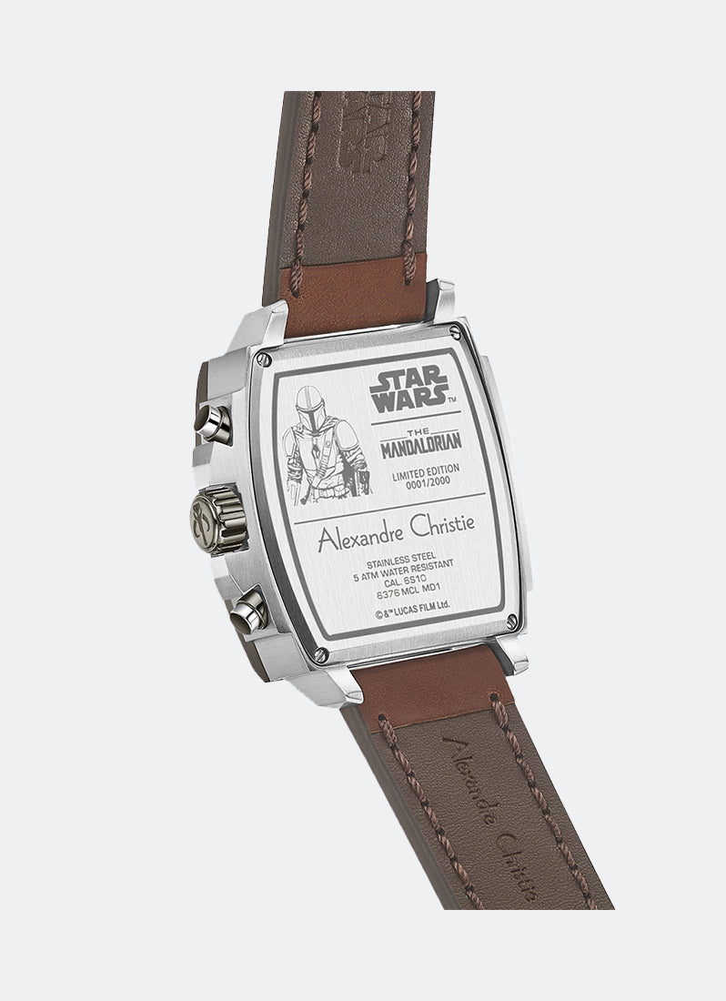 Star Wars The Mandalorian Limited Edition Men Black textured Dial with Grey indexes Metalic Accents Grey Stainless Steel Brown Genuine Leather - 44mm x 54mm AC6376MCLMD1