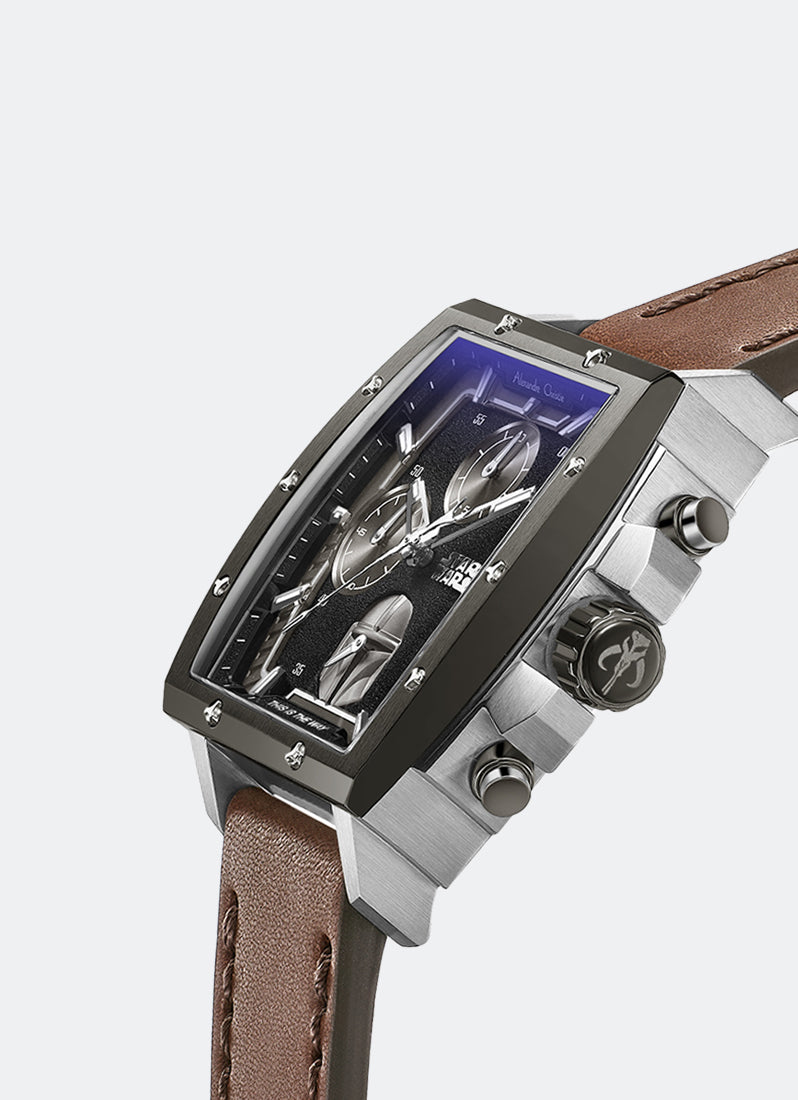 Star Wars The Mandalorian Limited Edition Men Black textured Dial with Grey indexes Metalic Accents Grey Stainless Steel Brown Genuine Leather - 44mm x 54mm AC6376MCLMD1