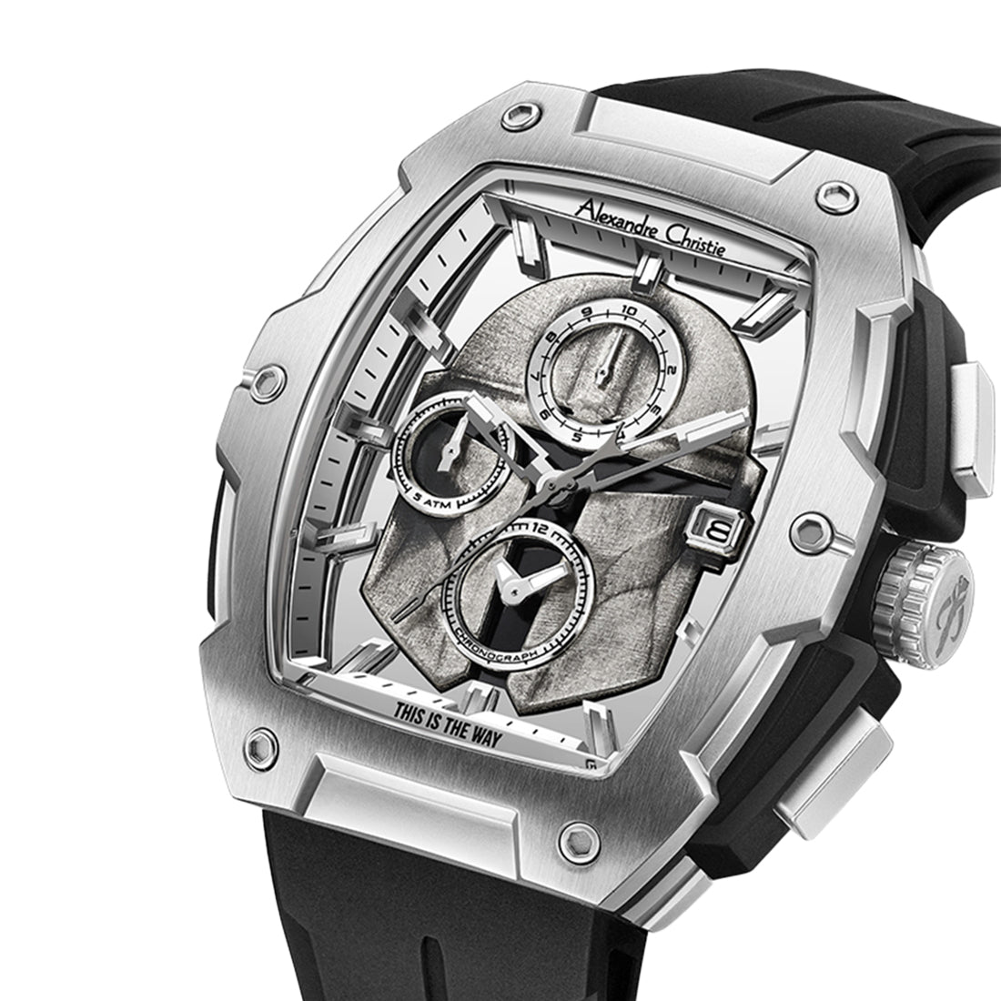 Star Wars The Mandalorian Limited Edition Men Silver with Black Accents Stainless Steel Black Premium Rubber - 46mm x 49.5mm AC6629MCRMD1